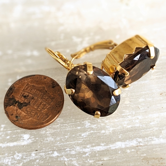 32 CT. Large Natural Brown Smoky Quartz / Topaz In Gold Plated Earrings - Picture 7 of 7